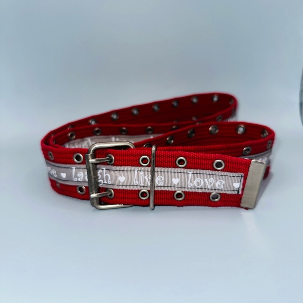 Red belt with ❤️live💜love♥️laugh ribbon. 1.5” wide x 39.5” and super adjustable - Picture 8 of 10
